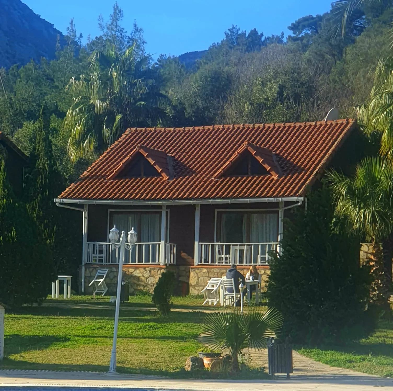 Club Sun Village ahşap bungalov, bahçe ve palmiyeler